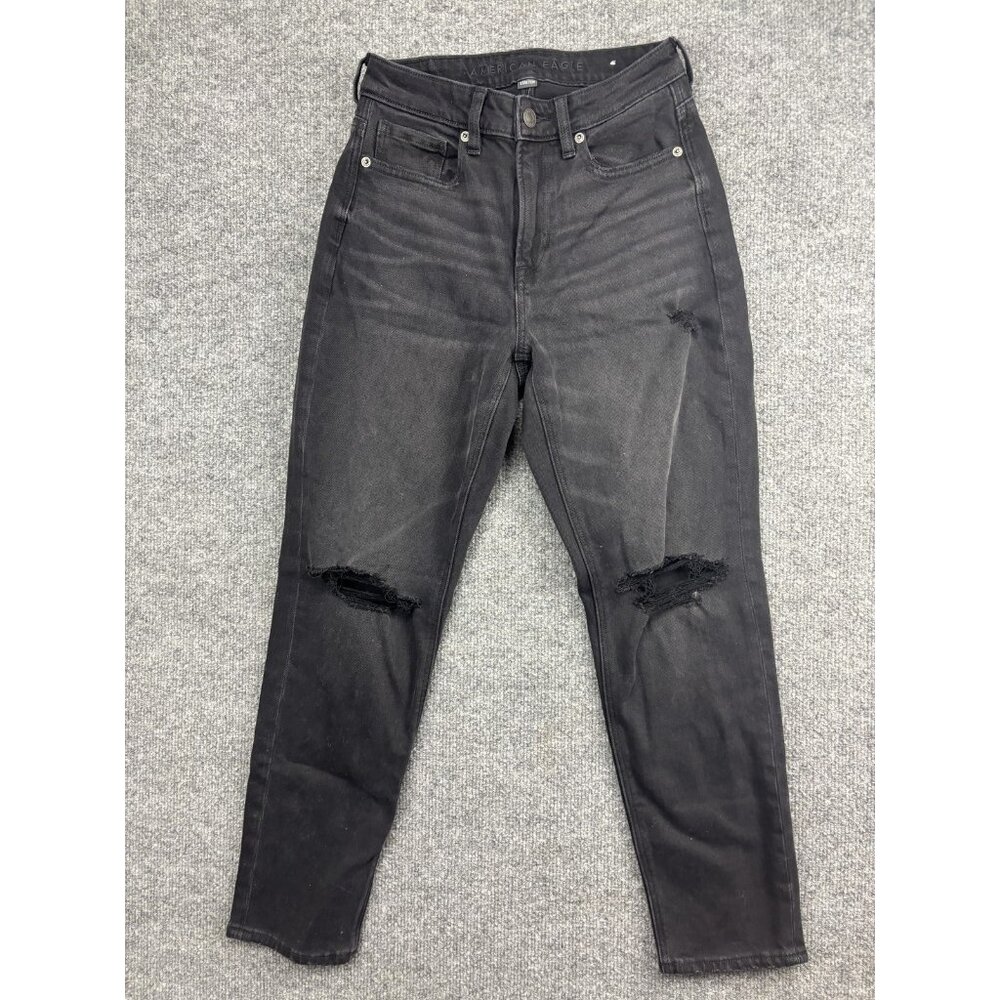 American Eagle Jeans Womens 0 Short Black‎ Mom Jean Stretch Distressed Ripped